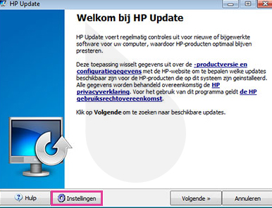Het HP Update scherm verschijnt nu. Klik op de "Instellingen" knop.