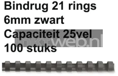 Fellowes Bindrug 6mm, 21rings A4 100 stuks zwart (Origineel)