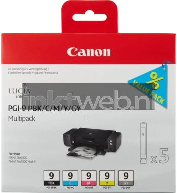 Canon PGI-9 Multipack PBK, C, M, Y, GY (Opruiming 5 x 1-pack los) zwart en kleur
