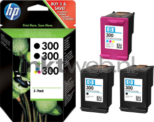 HP 300 3-pack zwart en kleur Combined box and product