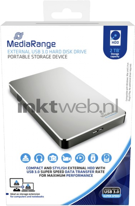 Respectievelijk mini galerij MediaRange Externe harde schijf 2TB, USB 3.0 zilver (Origineel)