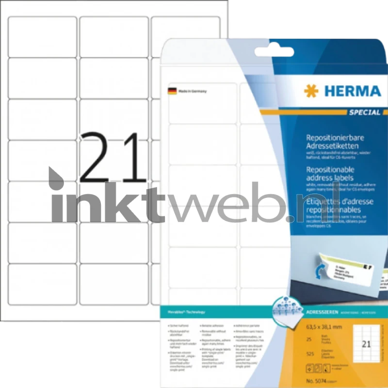 Herma 5074 Verwijderbare Papieretiket 63,5 x 38,1mm wit