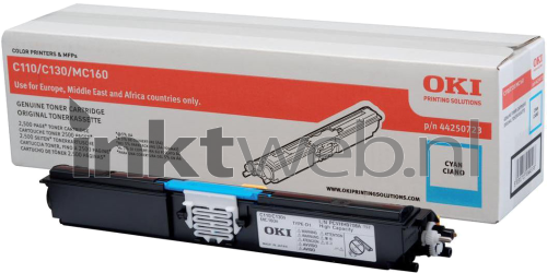 Oki C110/C130/MC160 HC Toner cyaan Combined box and product