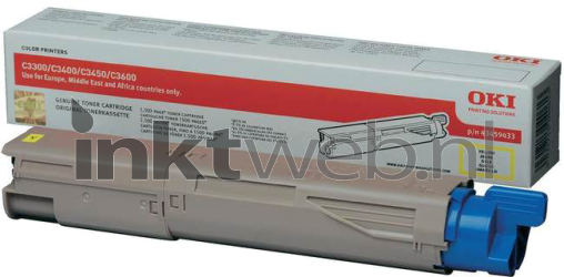 Oki C3300/C3400/C3450/C3600 Toner geel Combined box and product
