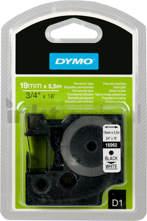Dymo  D1 permanent zwart op wit breedte 19 mm