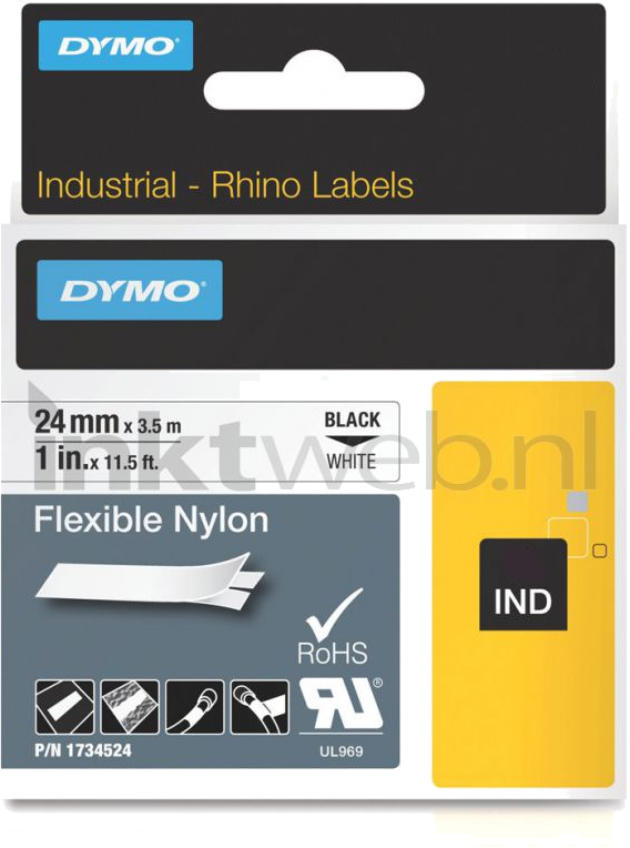 Dymo  Flexibel Nylon lettertape 24mm zwart op wit breedte 24 mm
