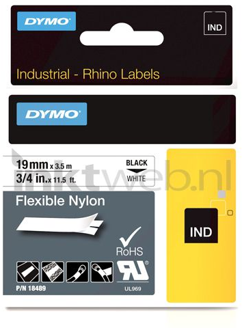 Dymo  Flexibel Nylon lettertape zwart op wit breedte 19 mm