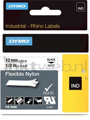 Dymo  Rhino Flexibele Nylon tape zwart op wit breedte 12 mm
