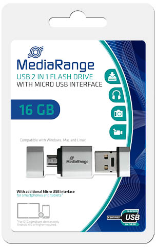MediaRange USB nano flash drive 16GB met micro USB adapter