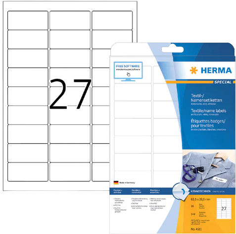 Herma 4511 Verwijderbare textiele naametiket 63,5 x 29,6mm wit
