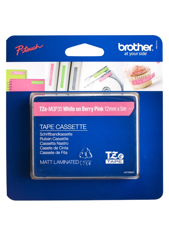 Brother  TZE-MQP35 wit op roze breedte 12 mm